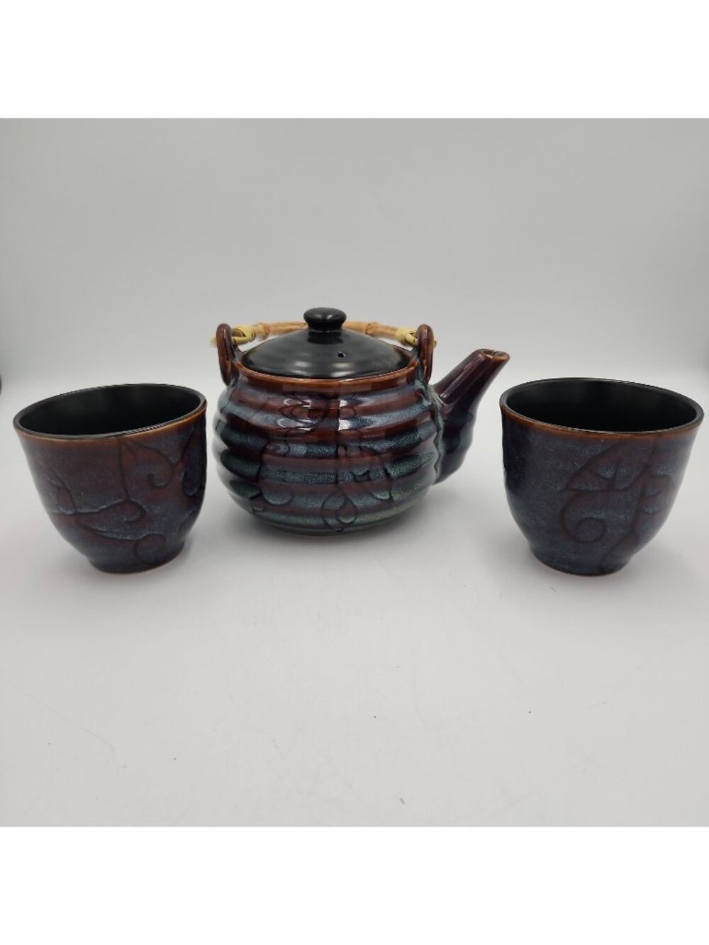 Simple Dining Asian Tea Set Tea Pot 2 Cups Strainer blue brown Pottery Ceramic
